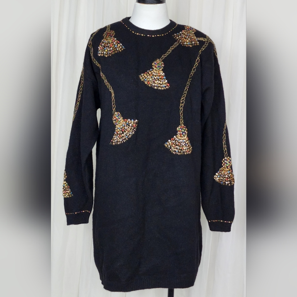 Vintage black wool knit tassel beaded rhinestone Christmas Xmas tunic sweater L
